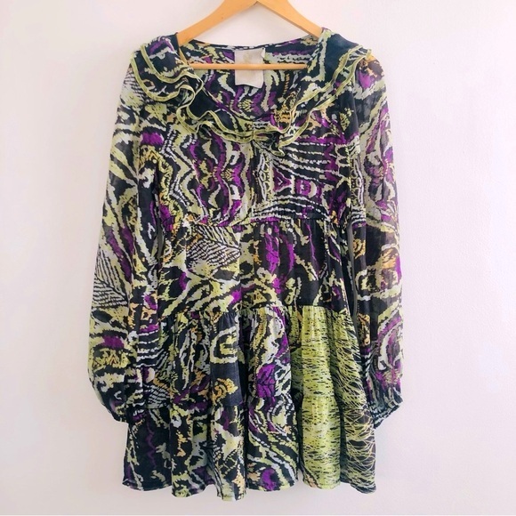 [Anthro] Twelve by Twelve Ruffle Neck Velvet Trim Tiered Shimmer Top/Dress - Picture 1 of 7